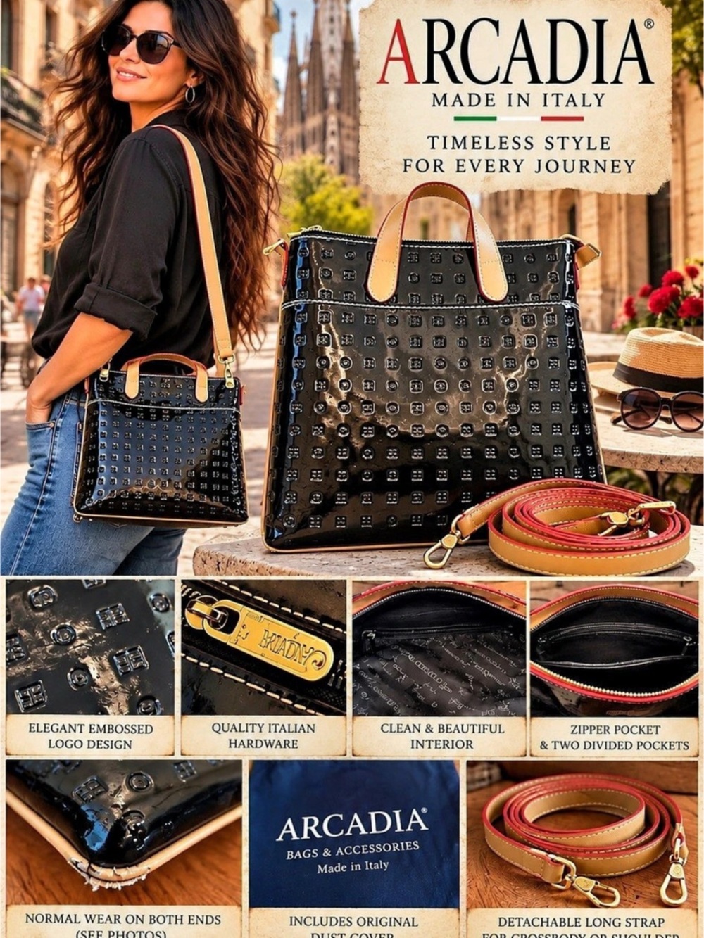 Arcadia Monogram Embossed Patent Leather Satchel Crossbody Bag Made Italy